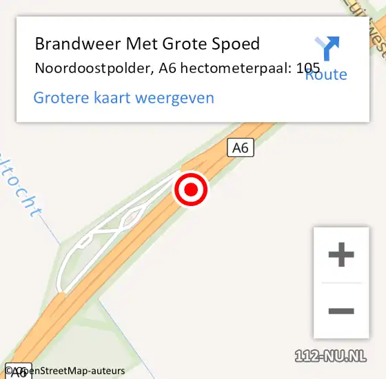 Locatie op kaart van de 112 melding: Brandweer Met Grote Spoed Naar Noordoostpolder, A6 hectometerpaal: 105 op 8 juni 2021 11:25