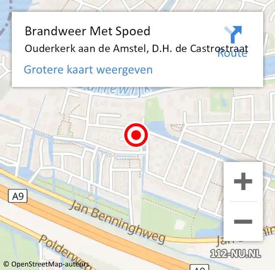 Locatie op kaart van de 112 melding: Brandweer Met Spoed Naar Ouderkerk aan de Amstel, D.H. de Castrostraat op 8 juni 2021 11:59