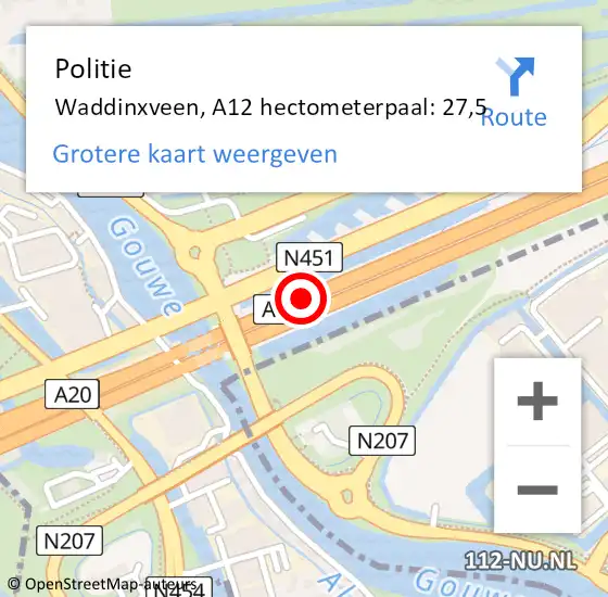 Locatie op kaart van de 112 melding: Politie Waddinxveen, A12 hectometerpaal: 27,5 op 8 juni 2021 14:45