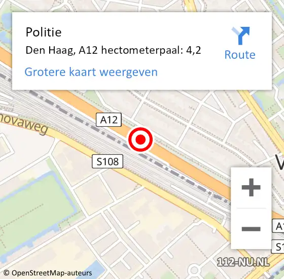 Locatie op kaart van de 112 melding: Politie Den Haag, A12 hectometerpaal: 4,2 op 8 juni 2021 16:16