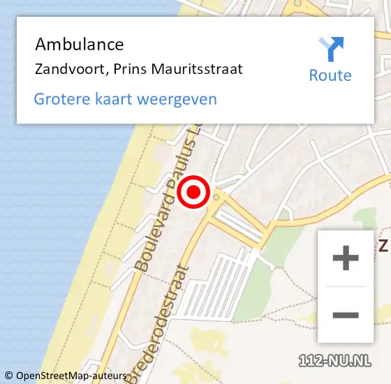 Locatie op kaart van de 112 melding: Ambulance Zandvoort, Prins Mauritsstraat op 8 juni 2021 19:05