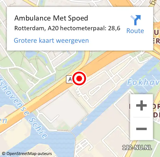 Locatie op kaart van de 112 melding: Ambulance Met Spoed Naar Rotterdam, A20 hectometerpaal: 28,6 op 8 juni 2021 19:43