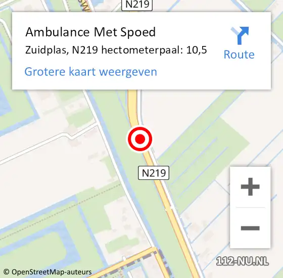 Locatie op kaart van de 112 melding: Ambulance Met Spoed Naar Zuidplas, N219 hectometerpaal: 10,5 op 8 juni 2021 20:17