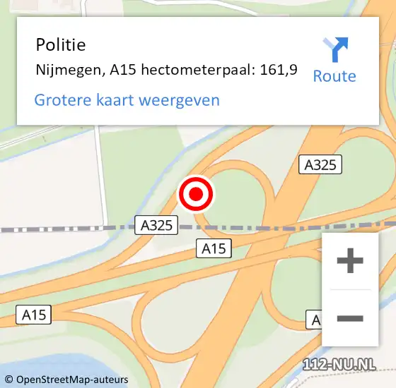 Locatie op kaart van de 112 melding: Politie Nijmegen, A15 hectometerpaal: 161,9 op 8 juni 2021 22:45