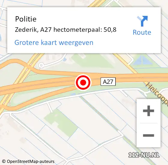 Locatie op kaart van de 112 melding: Politie Zederik, A27 hectometerpaal: 50,8 op 9 juni 2021 00:16