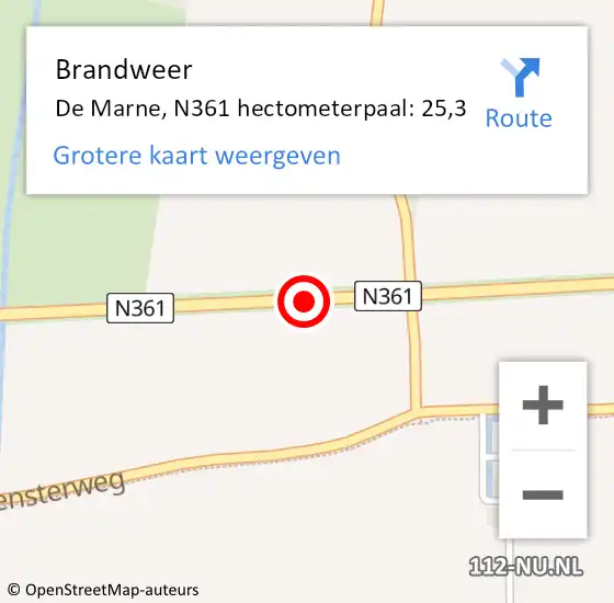 Locatie op kaart van de 112 melding: Brandweer De Marne, N361 hectometerpaal: 25,3 op 9 juni 2021 07:43