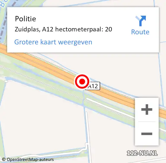 Locatie op kaart van de 112 melding: Politie Zuidplas, A12 hectometerpaal: 20 op 9 juni 2021 08:01