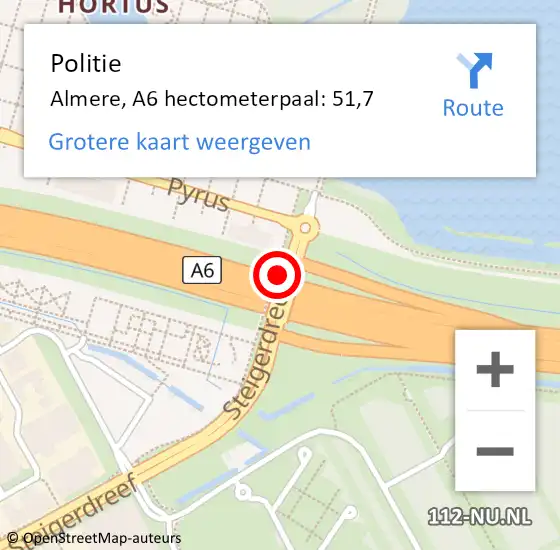 Locatie op kaart van de 112 melding: Politie Almere, A6 hectometerpaal: 51,7 op 9 juni 2021 13:06