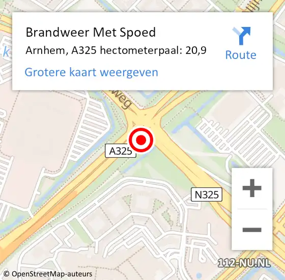 Locatie op kaart van de 112 melding: Brandweer Met Spoed Naar Arnhem, A325 hectometerpaal: 20,9 op 9 juni 2021 13:22