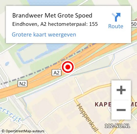 Locatie op kaart van de 112 melding: Brandweer Met Grote Spoed Naar Eindhoven, A2 hectometerpaal: 155 op 9 juni 2021 13:30