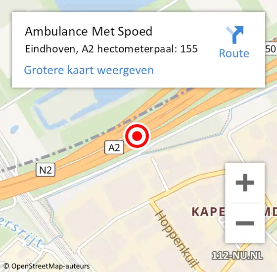 Locatie op kaart van de 112 melding: Ambulance Met Spoed Naar Eindhoven, A2 hectometerpaal: 155 op 9 juni 2021 13:33