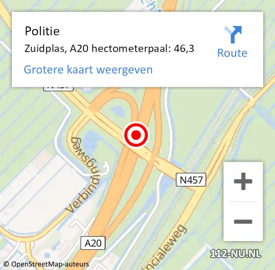 Locatie op kaart van de 112 melding: Politie Zuidplas, A20 hectometerpaal: 46,3 op 9 juni 2021 15:16