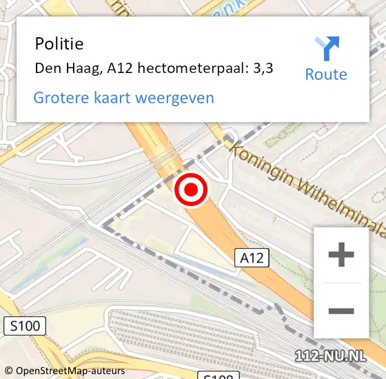 Locatie op kaart van de 112 melding: Politie Den Haag, A12 hectometerpaal: 3,3 op 9 juni 2021 16:02