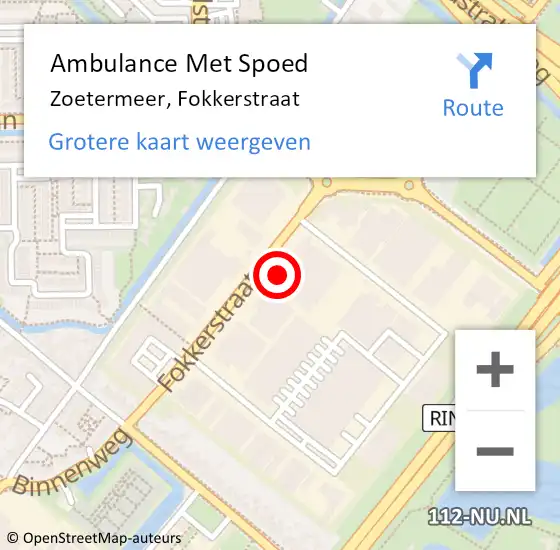 Locatie op kaart van de 112 melding: Ambulance Met Spoed Naar Zoetermeer, Fokkerstraat op 9 juni 2021 16:03