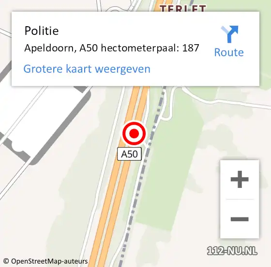 Locatie op kaart van de 112 melding: Politie Apeldoorn, A50 hectometerpaal: 187 op 9 juni 2021 16:03