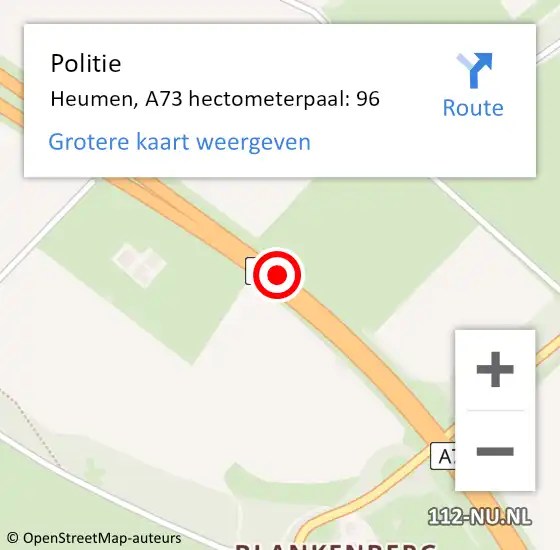 Locatie op kaart van de 112 melding: Politie Heumen, A73 hectometerpaal: 96 op 9 juni 2021 16:16
