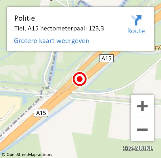 Locatie op kaart van de 112 melding: Politie Tiel, A15 hectometerpaal: 123,3 op 9 juni 2021 16:35