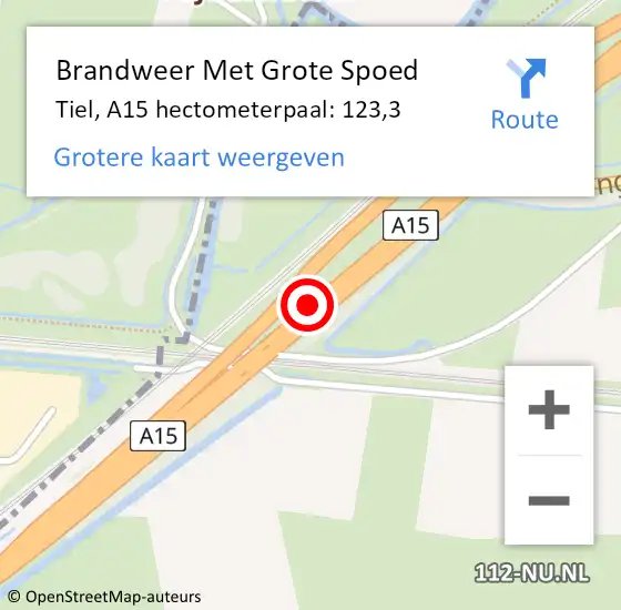 Locatie op kaart van de 112 melding: Brandweer Met Grote Spoed Naar Tiel, A15 hectometerpaal: 123,3 op 9 juni 2021 16:35