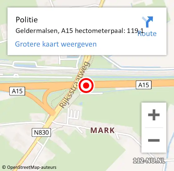 Locatie op kaart van de 112 melding: Politie Geldermalsen, A15 hectometerpaal: 119,1 op 9 juni 2021 17:47