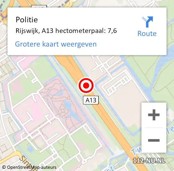 Locatie op kaart van de 112 melding: Politie Rijswijk, A13 hectometerpaal: 7,6 op 9 juni 2021 18:01