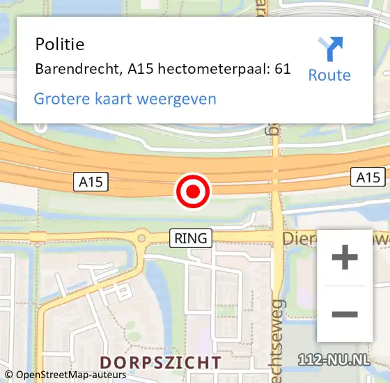 Locatie op kaart van de 112 melding: Politie Barendrecht, A15 hectometerpaal: 61 op 9 juni 2021 18:10