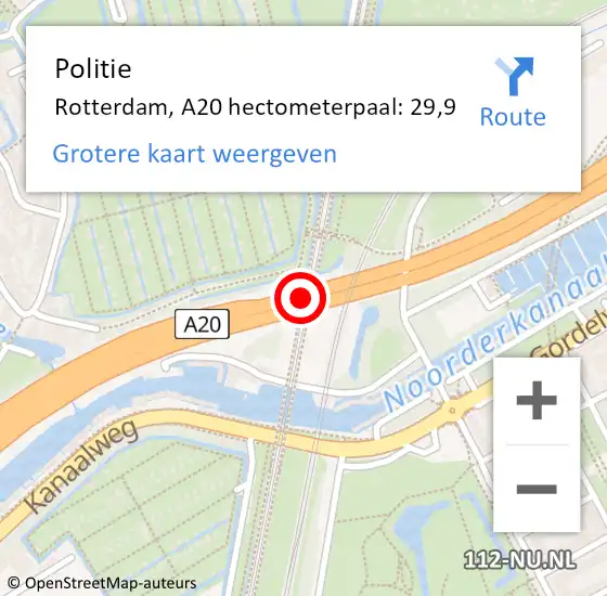 Locatie op kaart van de 112 melding: Politie Rotterdam, A20 hectometerpaal: 29,9 op 9 juni 2021 18:33