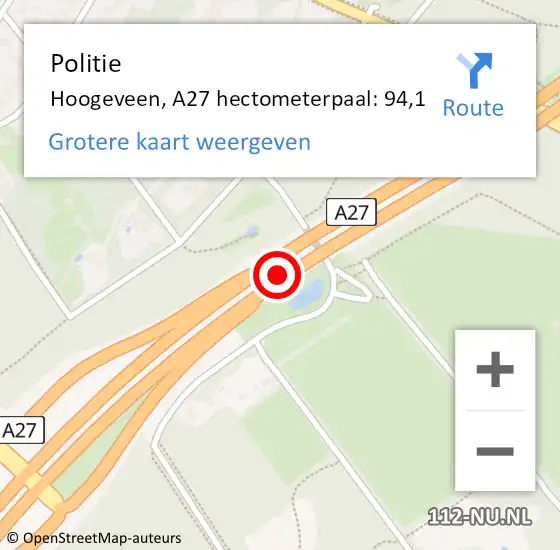 Locatie op kaart van de 112 melding: Politie Hoogeveen, A27 hectometerpaal: 94,1 op 9 juni 2021 18:38