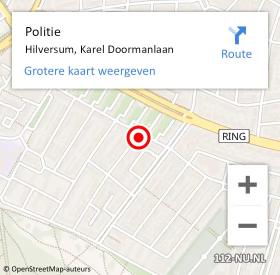 Locatie op kaart van de 112 melding: Politie Hilversum, Karel Doormanlaan op 9 juni 2021 19:11