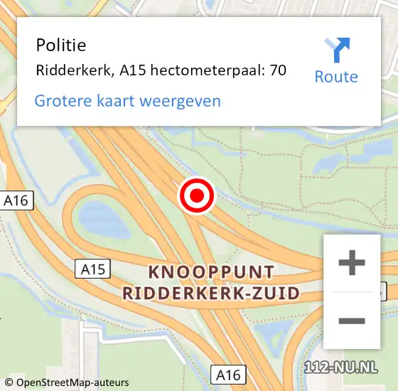 Locatie op kaart van de 112 melding: Politie Ridderkerk, A15 hectometerpaal: 70 op 9 juni 2021 19:39