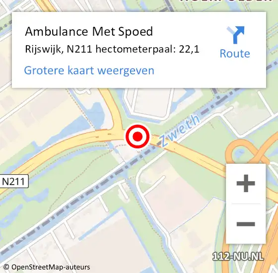 Locatie op kaart van de 112 melding: Ambulance Met Spoed Naar Rijswijk, N211 hectometerpaal: 22,1 op 9 juni 2021 20:22