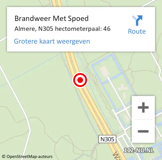 Locatie op kaart van de 112 melding: Brandweer Met Spoed Naar Almere, N305 hectometerpaal: 46 op 9 juni 2021 22:10