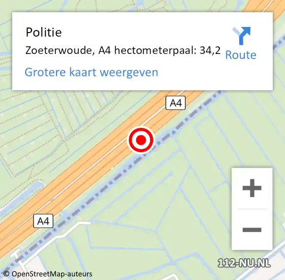 Locatie op kaart van de 112 melding: Politie Zoeterwoude, A4 hectometerpaal: 34,2 op 9 juni 2021 23:04