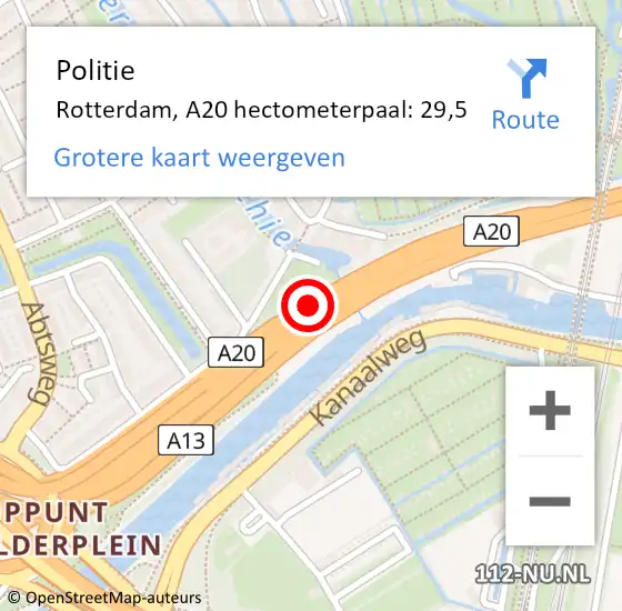 Locatie op kaart van de 112 melding: Politie Rotterdam, A20 hectometerpaal: 29,5 op 10 juni 2021 06:05