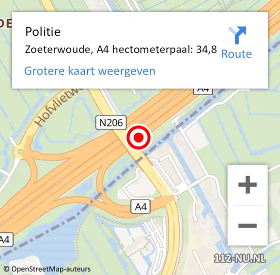 Locatie op kaart van de 112 melding: Politie Zoeterwoude, A4 hectometerpaal: 34,8 op 10 juni 2021 07:14