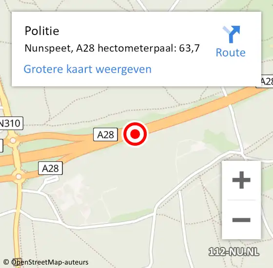 Locatie op kaart van de 112 melding: Politie Nunspeet, A28 hectometerpaal: 63,7 op 10 juni 2021 08:15