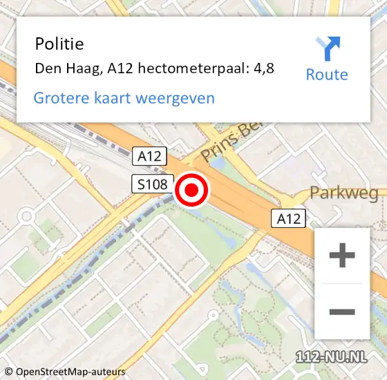 Locatie op kaart van de 112 melding: Politie Den Haag, A12 hectometerpaal: 4,8 op 10 juni 2021 08:57