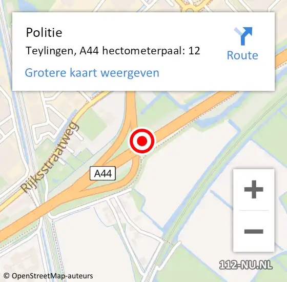 Locatie op kaart van de 112 melding: Politie Teylingen, A44 hectometerpaal: 12 op 10 juni 2021 09:30