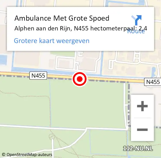 Locatie op kaart van de 112 melding: Ambulance Met Grote Spoed Naar Alphen aan den Rijn, N455 hectometerpaal: 2,4 op 10 juni 2021 09:49