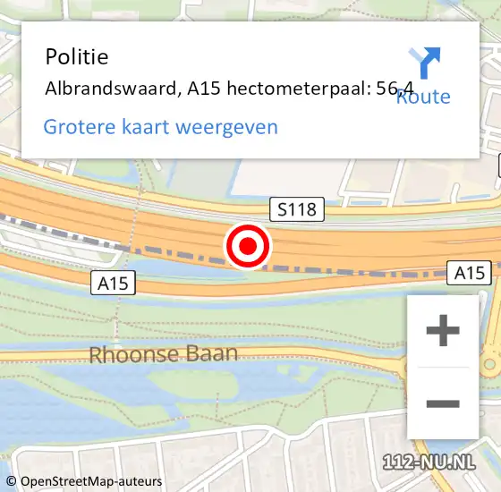 Locatie op kaart van de 112 melding: Politie Barendrecht, A15 hectometerpaal: 56,4 op 10 juni 2021 10:04