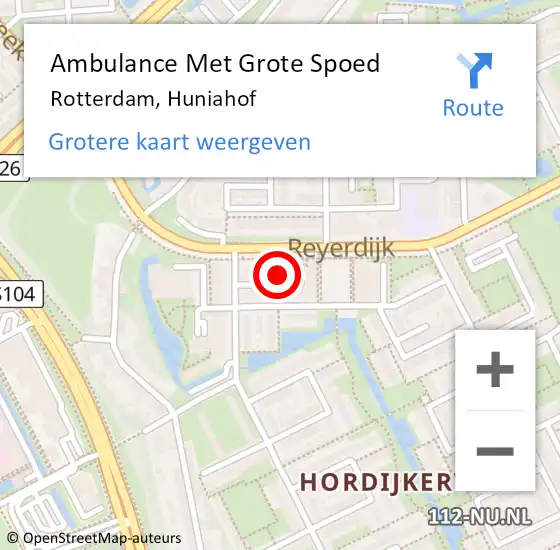 Locatie op kaart van de 112 melding: Ambulance Met Grote Spoed Naar Rotterdam, Huniahof op 10 juni 2021 10:48