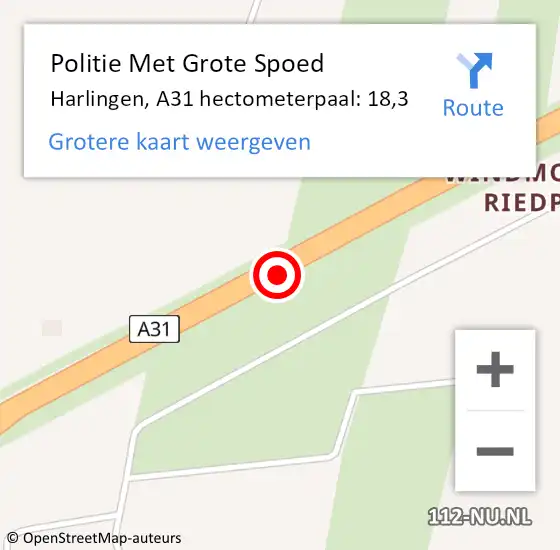 Locatie op kaart van de 112 melding: Politie Met Grote Spoed Naar Harlingen, A31 hectometerpaal: 18,3 op 10 juni 2021 11:42