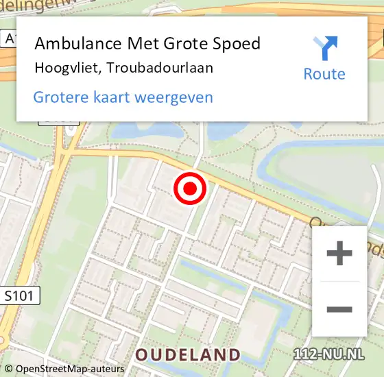 Locatie op kaart van de 112 melding: Ambulance Met Grote Spoed Naar Hoogvliet, Troubadourlaan op 10 juni 2021 12:09