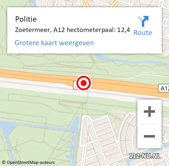 Locatie op kaart van de 112 melding: Politie Zoetermeer, A12 hectometerpaal: 12,4 op 10 juni 2021 12:37