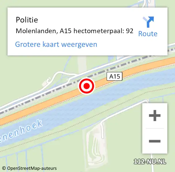 Locatie op kaart van de 112 melding: Politie Giessenlanden, A15 hectometerpaal: 92 op 10 juni 2021 12:47