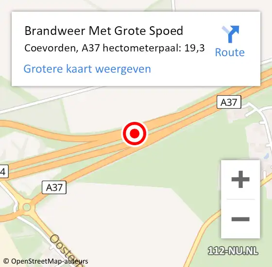 Locatie op kaart van de 112 melding: Brandweer Met Grote Spoed Naar Coevorden, A37 hectometerpaal: 19,3 op 10 juni 2021 12:58