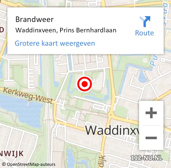 Locatie op kaart van de 112 melding: Brandweer Waddinxveen, Prins Bernhardlaan op 12 juni 2014 21:13