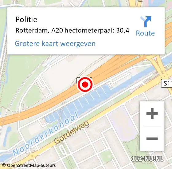 Locatie op kaart van de 112 melding: Politie Rotterdam, A20 hectometerpaal: 30,4 op 10 juni 2021 13:37