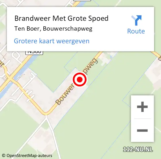 Locatie op kaart van de 112 melding: Brandweer Met Grote Spoed Naar Ten Boer, Bouwerschapweg op 10 juni 2021 14:11