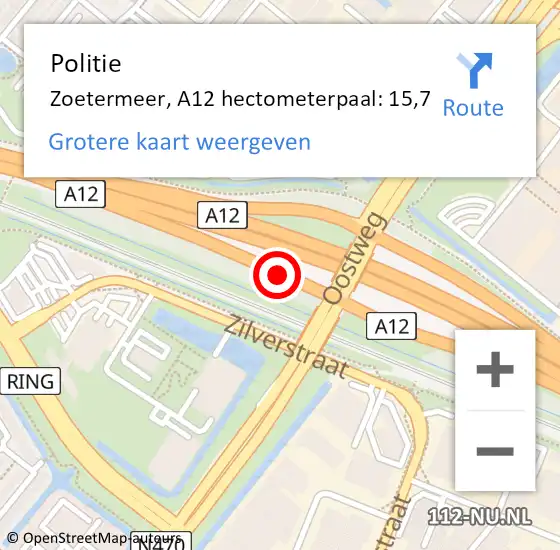 Locatie op kaart van de 112 melding: Politie Zoetermeer, A12 hectometerpaal: 15,7 op 10 juni 2021 14:55