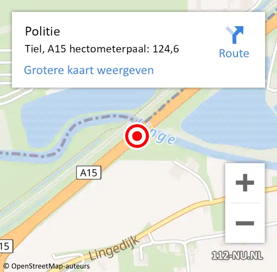 Locatie op kaart van de 112 melding: Politie Tiel, A15 hectometerpaal: 124,6 op 10 juni 2021 14:58